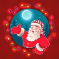 Element for Christmas composition.Round pattern with a wreath, Santa Claus with a cap with stars, hand indicates the