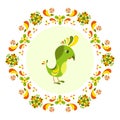 Element for design. Cartoon bird surrounded by a colorful pattern of flowers