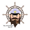 Element of design for the Day of the seafarer, the captain of the ship smokes a pipe against the wheel