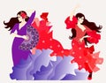 The element of fire and the element of water. Two Spanish or Gypsy girls dressed in long dresses dancing flamenco
