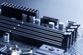 An element of a modern computer motherboard with slots for installing DDR5 RAM DIMM. Photo. Selective focus