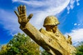 Element of an old monument to a soldier. Stop war and aggression concept. Background with copy space