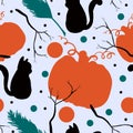 Autumn seamless pattern for Halloween with black cat, orange pumpkin and black tree branches, color illustration Royalty Free Stock Photo
