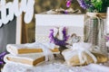 Element of wedding decor. White wooden box decorated with burlap, lace and lavender Royalty Free Stock Photo