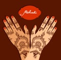 Element yoga mudra hands with mehendi patterns. Vector illustration for a yoga studio, tattoo, spas, postcards, souvenirs. Indian