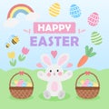 Happy Easter illustration, cute bunnies and colorful eggs are celebrating the arrival of the holiday