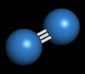 Elemental nitrogen (N2) molecule. Nitrogen gas is the main component of the Earth\'s atmosphere. Atoms shown as color coded sphere