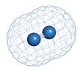 Elemental nitrogen (N2) molecule. Nitrogen gas is the main component of the Earth\'s atmosphere. Atoms shown as color coded sphere