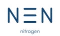 Elemental nitrogen N2 molecule. Nitrogen gas is the main component of the Earth`s atmosphere. Skeletal formula.