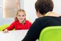 Elementary Age Girl in Child Occupational Therapy Session Doing Playful Exercises With Her Therapist. Royalty Free Stock Photo