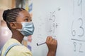 Elementary girl wearing mask at school Royalty Free Stock Photo