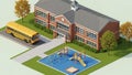Elementary School Building with Playground and School Bus Parked Outside Royalty Free Stock Photo