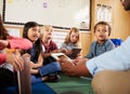 Elementary school class sitting cross legged using tablets Royalty Free Stock Photo