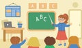 Elementary school classroom illustration with teacher at the chalk board and cute happy schoolchildren with hands up ready to