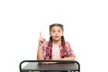 Elementary school education. Enjoy process of studying. Perfect student girl sit desk. She knows all right answers