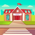 Elementary school flat buildung. Back to school cartoon background. Crosswalk before schoolhouse