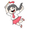 Elementary school girls celebrating indonesian independence day, doodle icon image kawaii