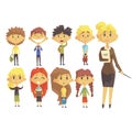 Elementary School Group Of Schoolchildren With Their Female Teacher In Suit Set Of Cartoon Characters Royalty Free Stock Photo