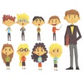 Elementary School Group Of Schoolchildren With Their Male Teacher In Suit Set Of Cartoon Characters