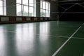 Elementary school gym indoor, old interior. sporting hall for volleyball game. Royalty Free Stock Photo