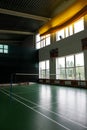 Elementary school gym indoor, old interior. sporting hall for volleyball game. Royalty Free Stock Photo