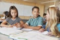 Elementary school kids in class working together at a desk