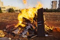 Elementary school kids participating in festive Lag Baomer bonfires in Rishon Le Zion, Israel.