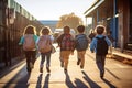 Elementary School Kids Running into School, Fun Kids Return Home, Generative AI Illustration Royalty Free Stock Photo