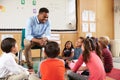 Elementary school kids sitting around teacher in a classroom Royalty Free Stock Photo