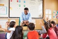 Elementary school kids sitting around teacher in a classroom Royalty Free Stock Photo