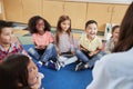 Elementary school kids sitting on floor looking at teacher Royalty Free Stock Photo