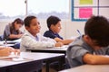 Elementary school kids working at their desks in a classroom Royalty Free Stock Photo