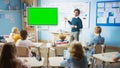 Elementary School Physics Teacher Uses Interactive Digital Whiteboard With Green Screen Mock-up Royalty Free Stock Photo