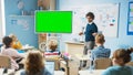 Elementary School Physics Teacher Uses Interactive Digital Whiteboard With Green Screen Mock-up Royalty Free Stock Photo