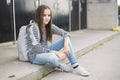 Elementary school pupil outside carrying rucksack Royalty Free Stock Photo