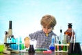 Elementary school. Ready for school. Home schooling. It was a little chemistry experiment. September 1. Back to school Royalty Free Stock Photo