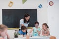 Elementary School Science Classroom: Enthusiastic Teacher Explains Chemistry to Diverse Group of Children, Little Boy Royalty Free Stock Photo