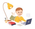 Elementary School Student Boy Studying Online Using Laptop Computer, Homeschooling, Distance Learning Concept Cartoon Royalty Free Stock Photo
