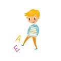 Elementary school student carrying stack of books, education and knowledge concept, colorful cartoon character vector Royalty Free Stock Photo