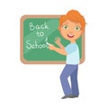 Elementary school student writing text Back to School on the blackboard, a colorful character isolated on a white Royalty Free Stock Photo
