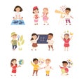 Elementary School Students at Learning Process Set, Cute Kids Having Math, Astronomy, Biology, Geography Lessons Cartoon