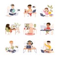 Elementary School Students Studying Online Using Laptop Computers Set, Homeschooling, Distance Learning Concept Cartoon Royalty Free Stock Photo