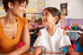 Elementary School Teacher And Female Pupil Drawing Using Digital Tablet In Classroom Royalty Free Stock Photo