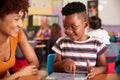 Elementary School Teacher And Male Pupil Drawing Using Digital Tablet In Classroom