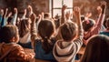 Elementary students actively engage in their class as raise hands. Generative AI Royalty Free Stock Photo