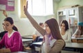 Students raising their arms on a class Royalty Free Stock Photo