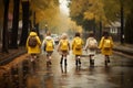Elementary students walking school after rain. Generate Ai