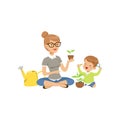 Elementary teacher telling little boy about plants during botany class in primary school, preschool education vector