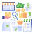 Shopping online. E-commerce and e-commerce. Flat illustration of shopping icons set for web design. Royalty Free Stock Photo