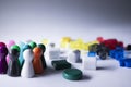 Elements - attributes for board games - figures, cubes, bottles, houses. On white background. Isolated. Copy space